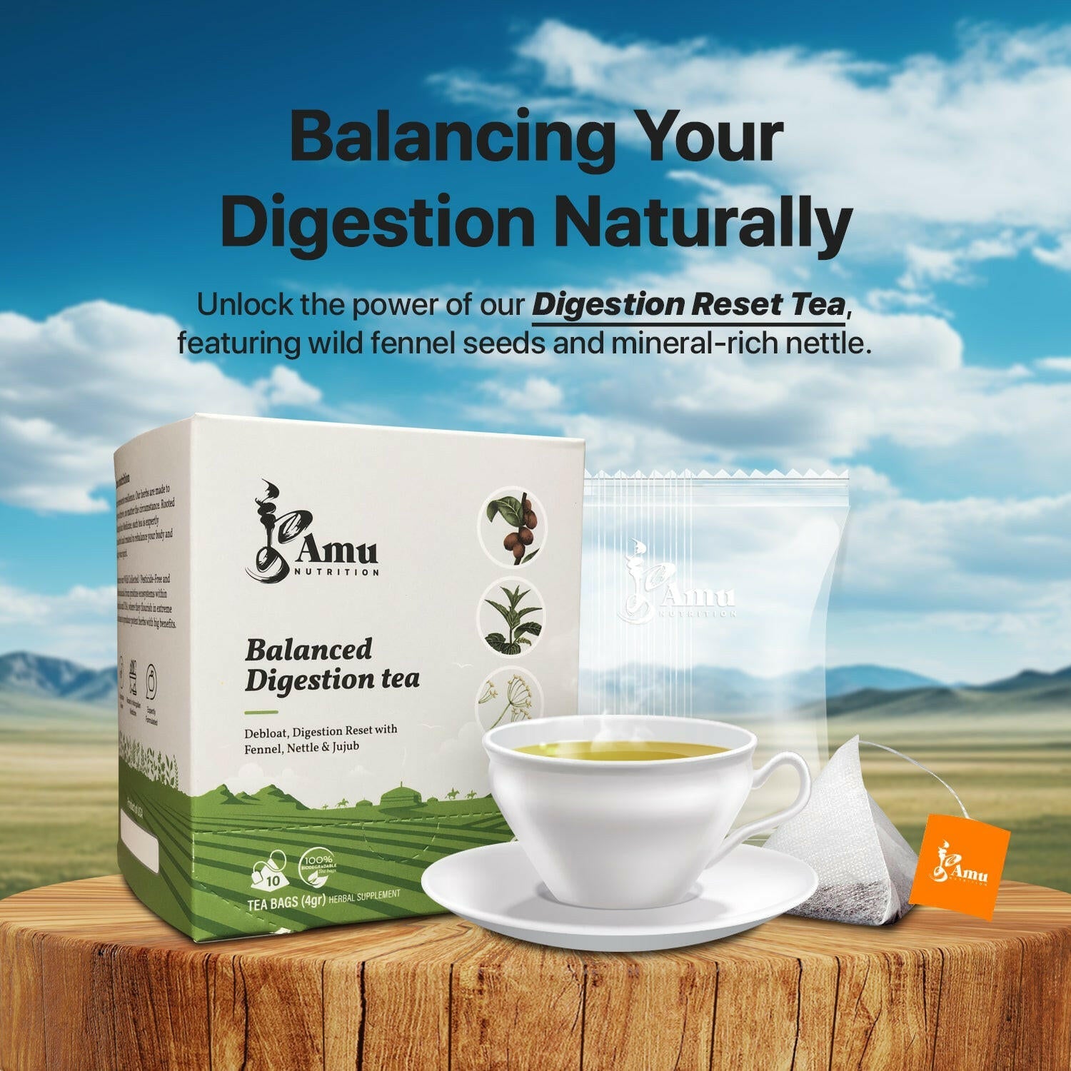 Balanced Digestion Tea – Support gut health and reduce inflammation with Nettle Leaf, Fennel Seed, and Jujube - 10 Sugarcane tbgs