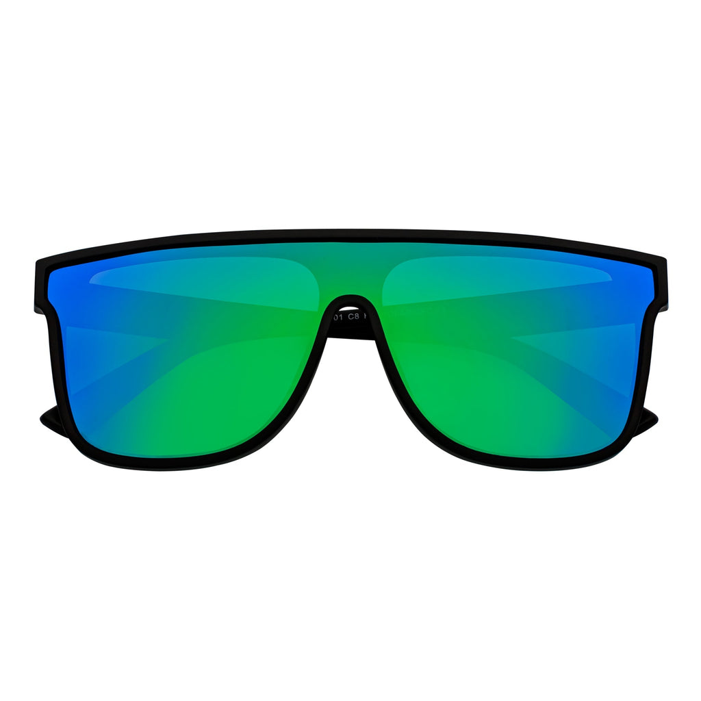 AEON - Flat Top Shield Polarized Sunglasses Mono Lens Black Green Mirror