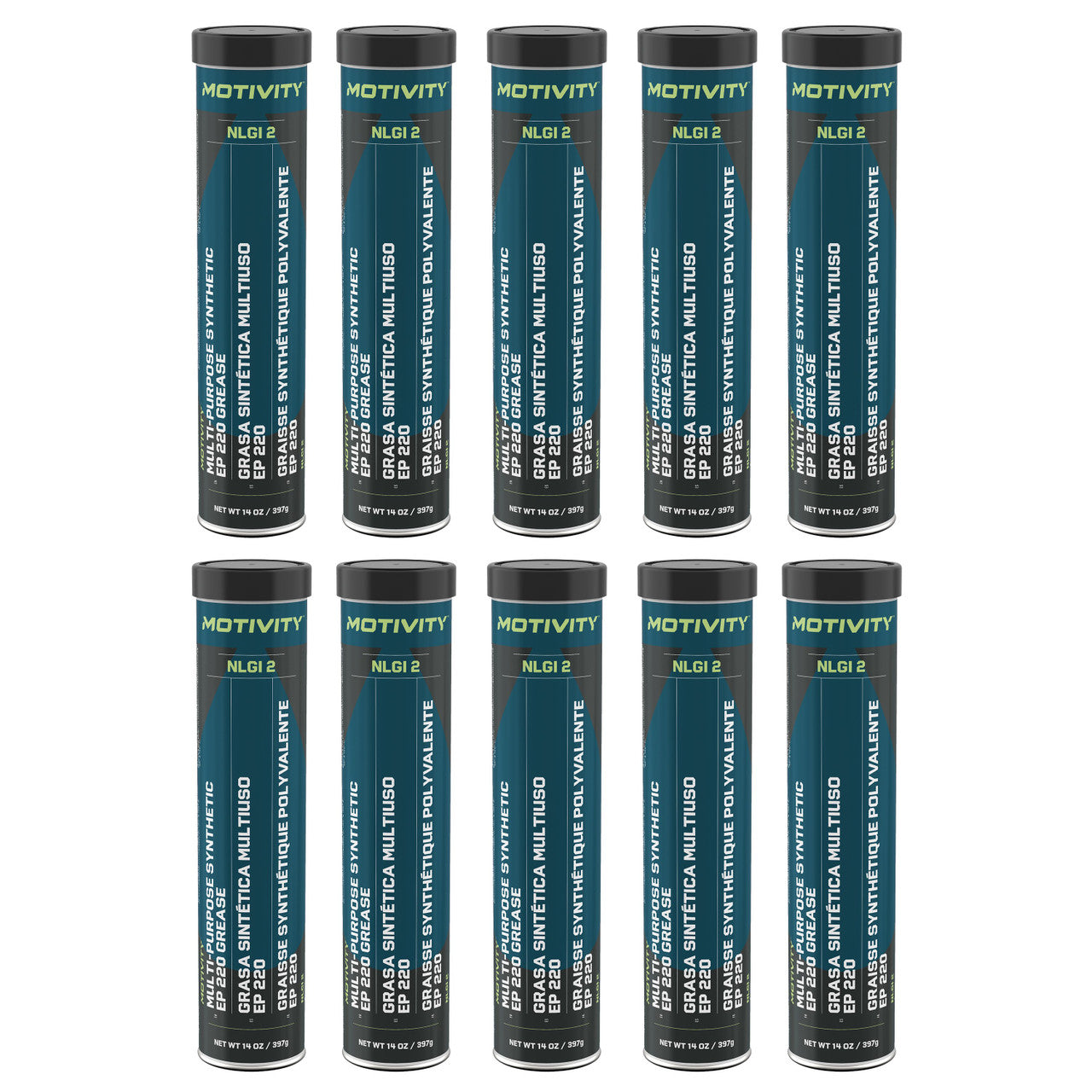 MOTIVITY Multi-Purpose Synthetic EP Grease, NGLI 2, Red Lithium Complex, Ideal for Automotive & Industrial Applications - 10 Pack (14oz Tubes)